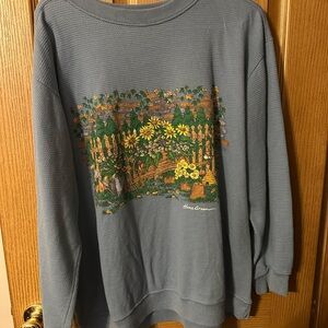 Blue Sweatshirt with Floral Garden Design